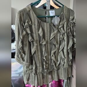MISA Ruffled Green and Gold Top